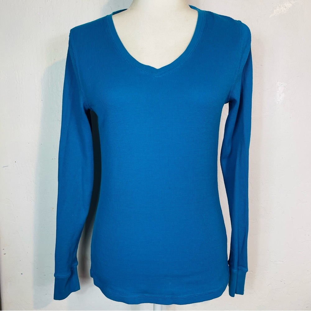Lady Foot Locker Size Large L Thermal V Neck Shirt Long Sleeve Turquoise Cotton